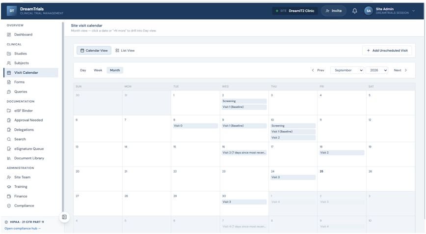 dreamit2 site ctms visit calender
